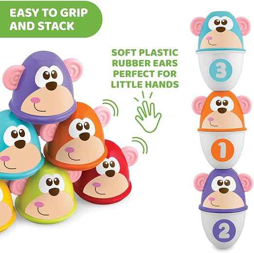 Chicco Monkey Strike Kids Bowling Pin Set - Skittles Game for Kids with 6 Separable Pins, Stackable in 12 Pieces, Light Ball Included - Bowling Skittles Toys, Gifts for Children 18 Months to 8 Years