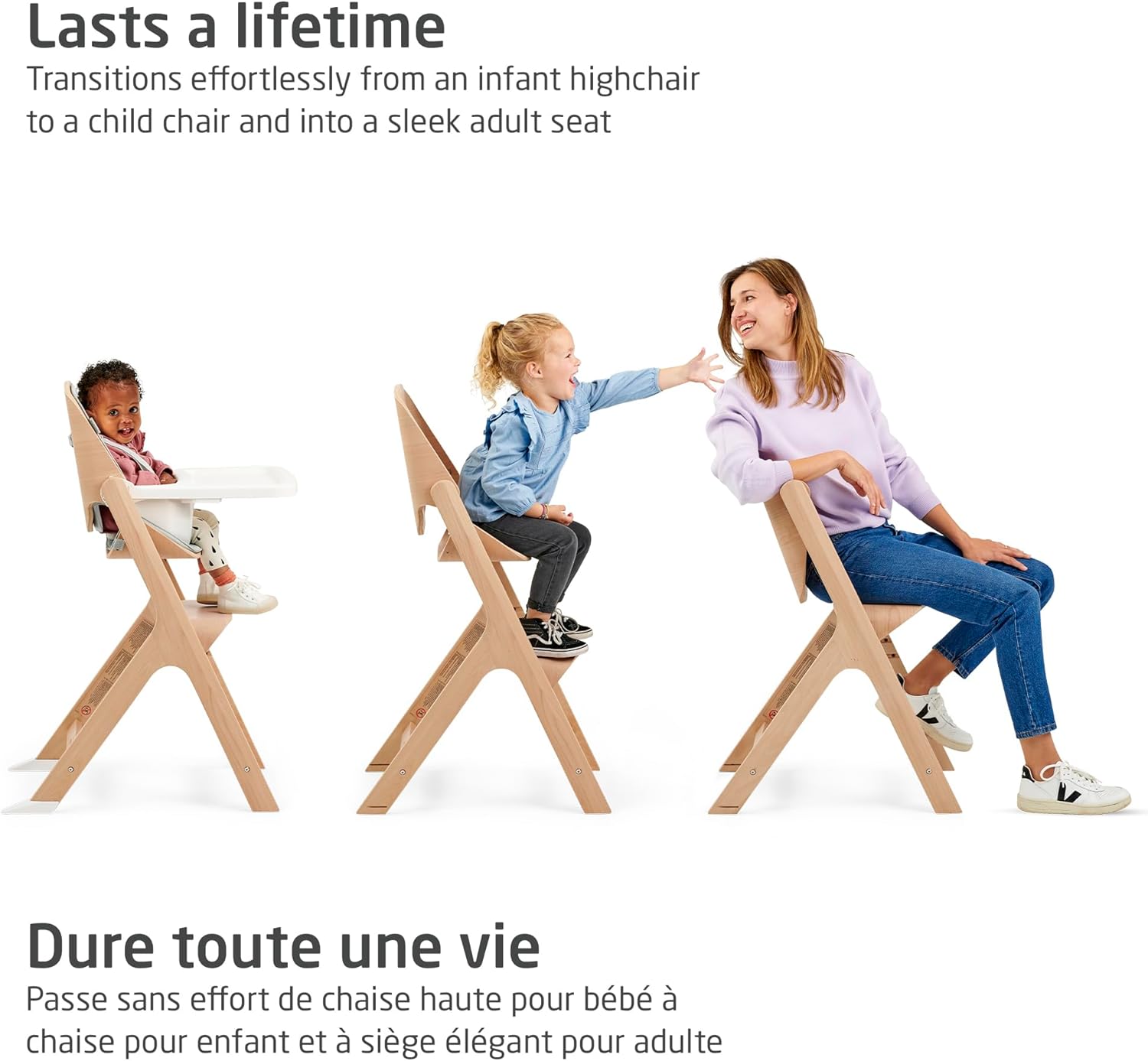 Maxi - Cosi Nesta Highchair in its natural wood finish, a stylish, adjustable wooden highchair designed to grow with a child from newborn to adult - Adenzo Comfies