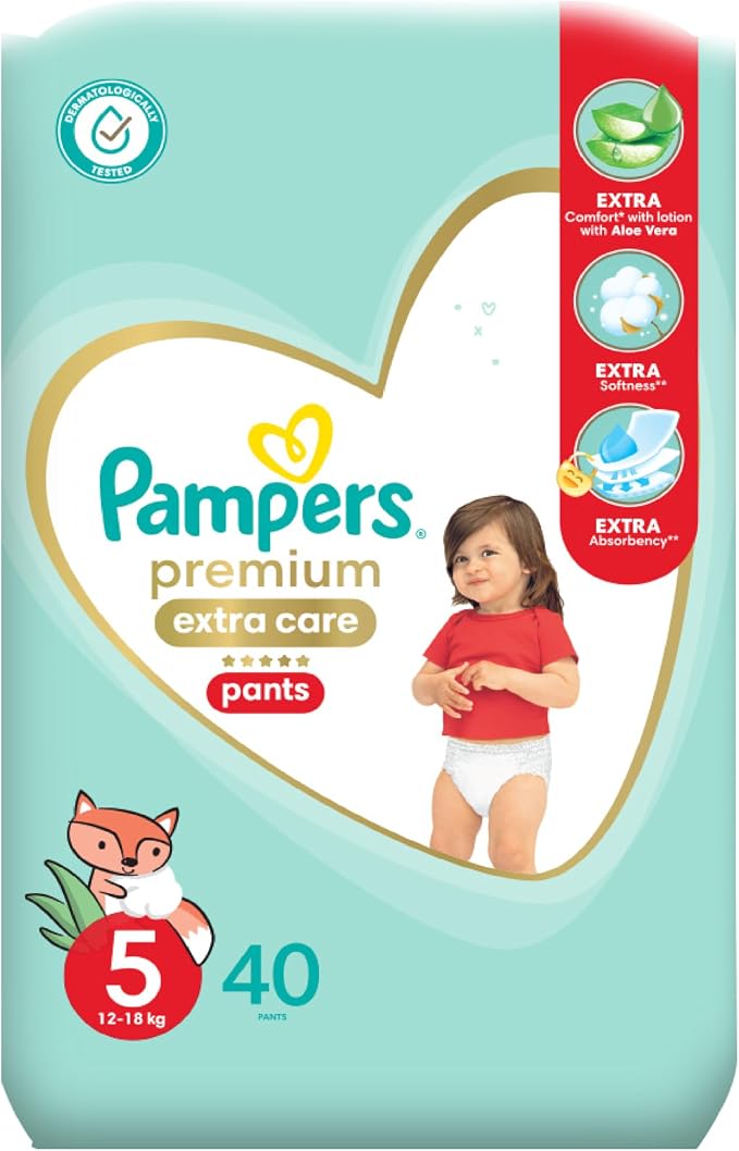 Pampers Premium EXTRA CARE Pants, Size 5, 12-18 Kg, with Lotion with Aloe Vera, 40 diapers. - Adenzo Comfies