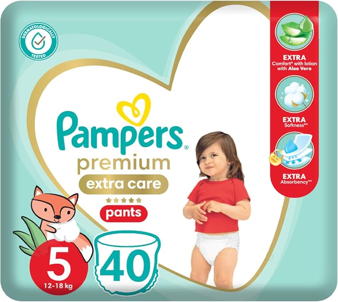 Pampers Premium EXTRA CARE Pants, Size 5, 12-18 Kg, with Lotion with Aloe Vera, 40 diapers. - Adenzo Comfies