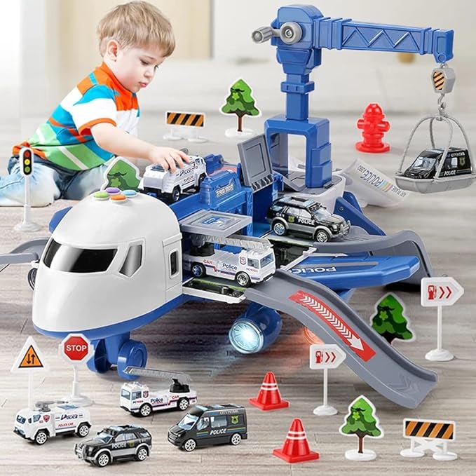 LICHENGTAI Transport Cargo Airplane Car Toy, Carrier Truck Set for Ages 3 and Up, Kids DIY Preschool Gift, Includes 4 Cars, 1 Airplane - Adenzo Comfies