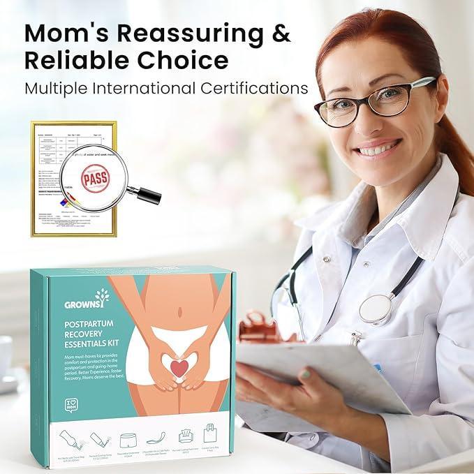 Grownsy Postpartum Essentials Recovery Kit for Labor & Delivery | Postpartum Kit for Women | Includes Upside Down Peri Bottle, Perineal Spray, 28 Cooling Pad Liners,2 Ice Packs &4 Disposable Underwear - Adenzo Comfies