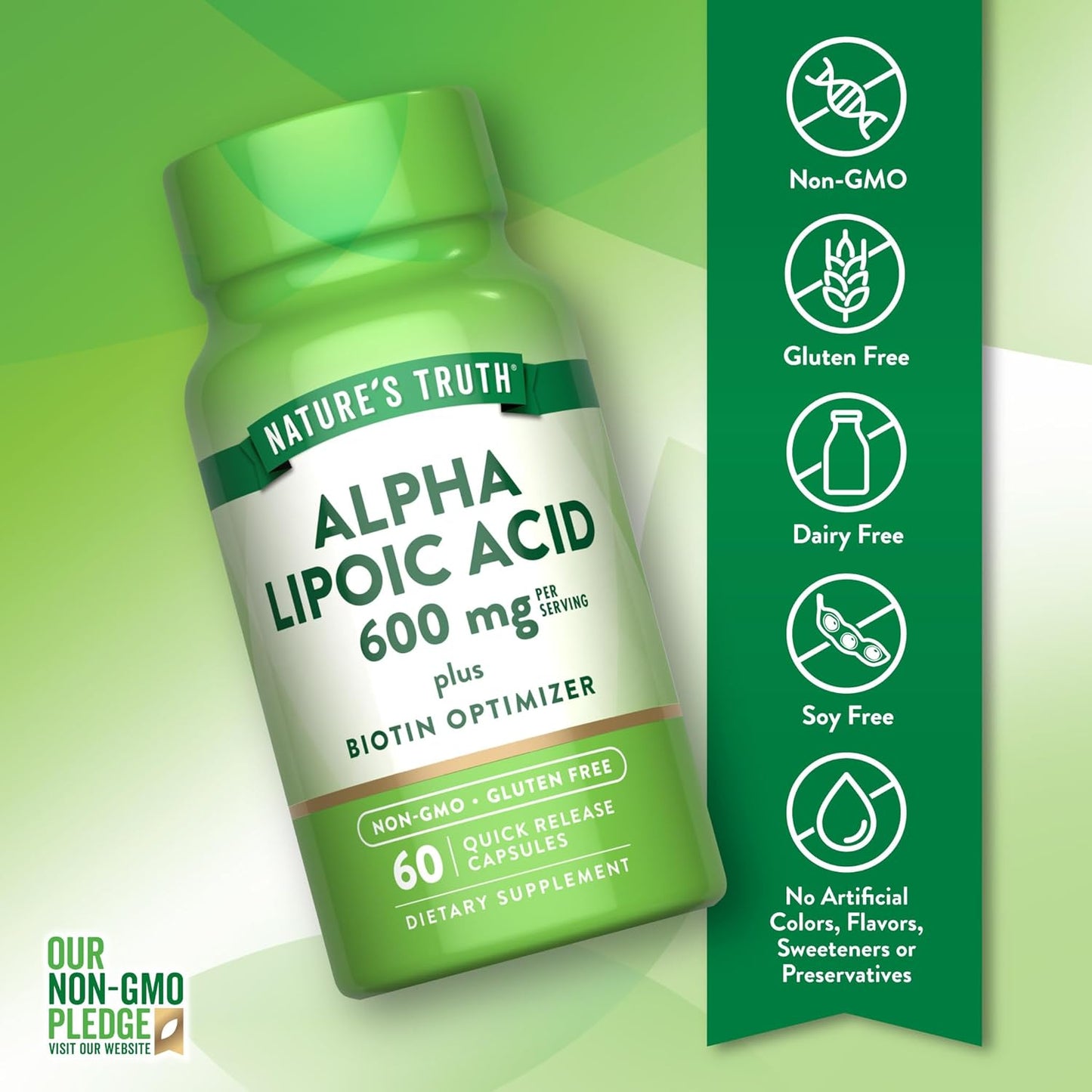 Nature's Truth Alpha Lipoic Acid 600mg | plus Biotin Optimizer | 60 Capsules | Non-GMO & Gluten Free Supplement