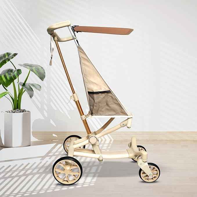 Baby Stroller for 2-7 Years |Safety Harness|Lightweight Travel Stroller with Wide Seat, Big Wheels, Compact Fold, High Weight Capacity, Adjustable Sunshade|Beige & Gold