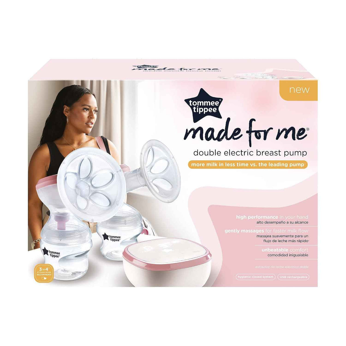 Tommee Tippee Made for Me Double Electric Breast Pump, Baby Bottles Included, 9 Express Modes, Massaging Cushions, USB Rechargeable Portable Breast Pump, Strong Suction, Quiet.