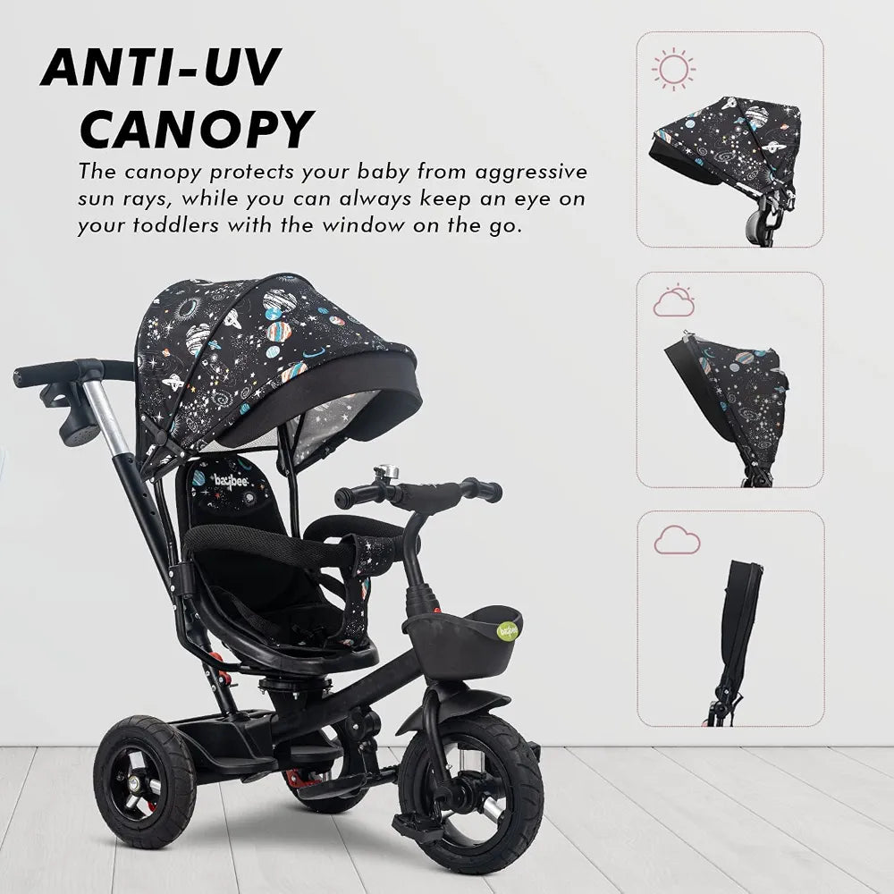 BB-228 Children’s Tricycle for Toddlers, Black, Durable Three-Wheel Ride-On Bike with Safety Seat, Music Function, and Push Handle – Ages 1–4 Years - Adenzo Comfies
