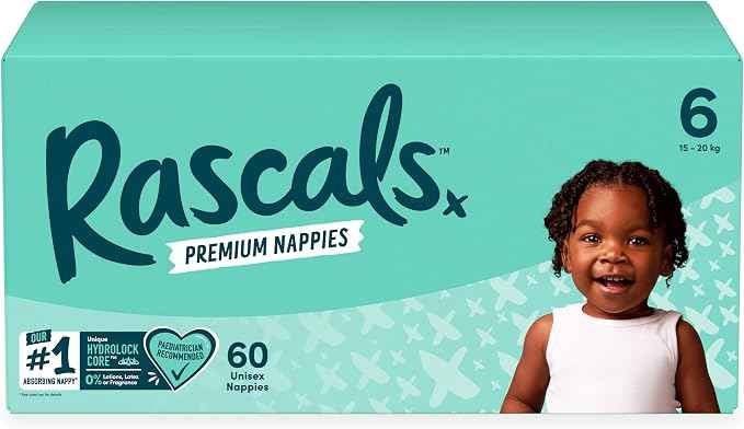 Rascals Premium Baby Diapers - Comfortable & Leak-Proof Diaper for Babies 15-20 kg - Soft & Gentle Diapers Size 6 - Jumbo Box (60 Count).