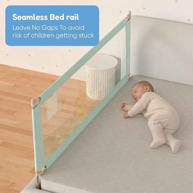 Side Bed Safety Guard for Kids | Foldable & Height Adjustable | Breathable Mesh -mint 1.5m.