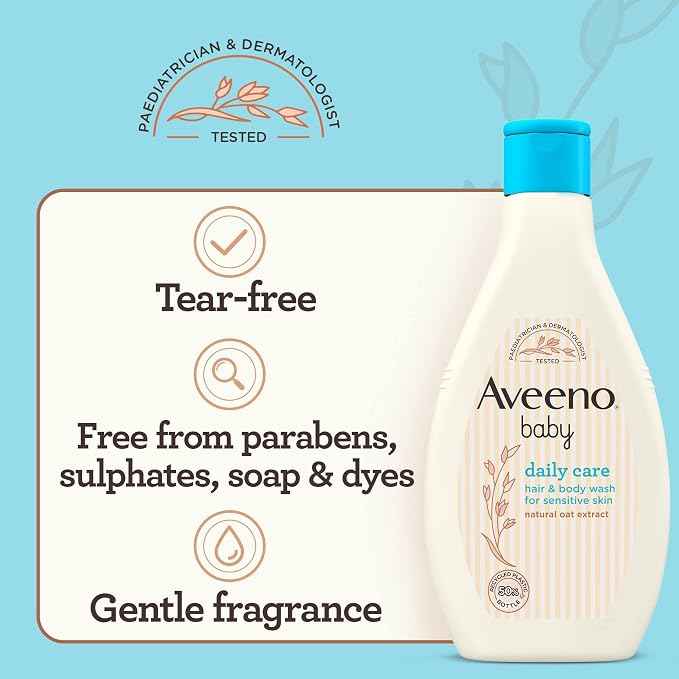 Aveeno Baby Daily Care Hair & Body Wash, 250ml, Baby Wash for Sensitive Skin, Natural Oat Extract, Gentle Fragrance, Sulfate Free, Soap and Dye Free, pH Balanced, Delicate and Moisturizing Cleanse - Adenzo Comfies