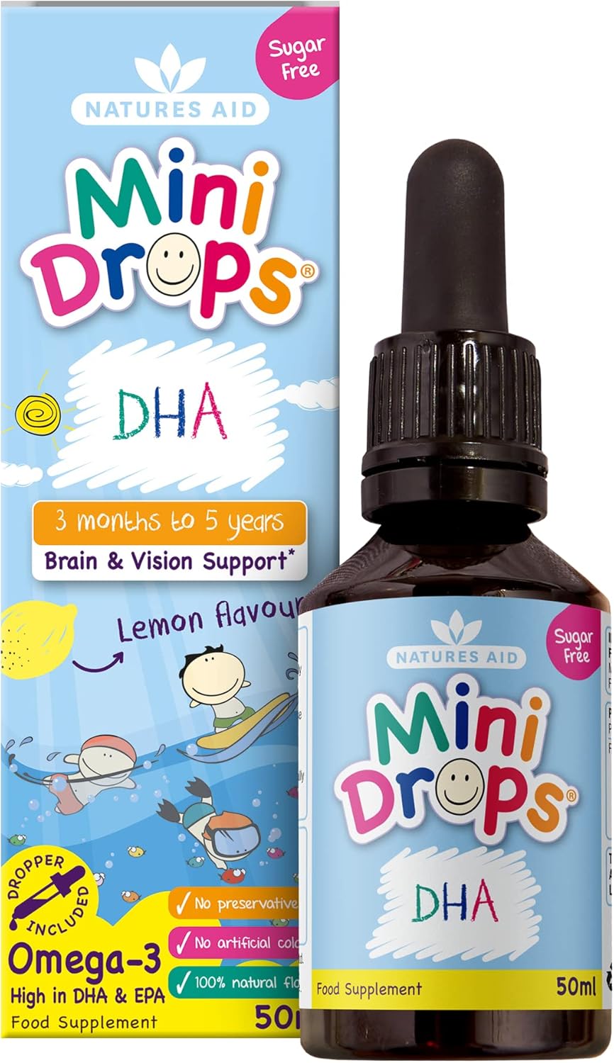 Natures Aid DHA Omega-3 Mini Drops for Babies & Kids 50ml – Supports Brain & Vision Health – Sugar Free, Vegan, Gluten-Free, Non-GMO – Growth Support for Children Age 0-5 Years Old Dropper Included