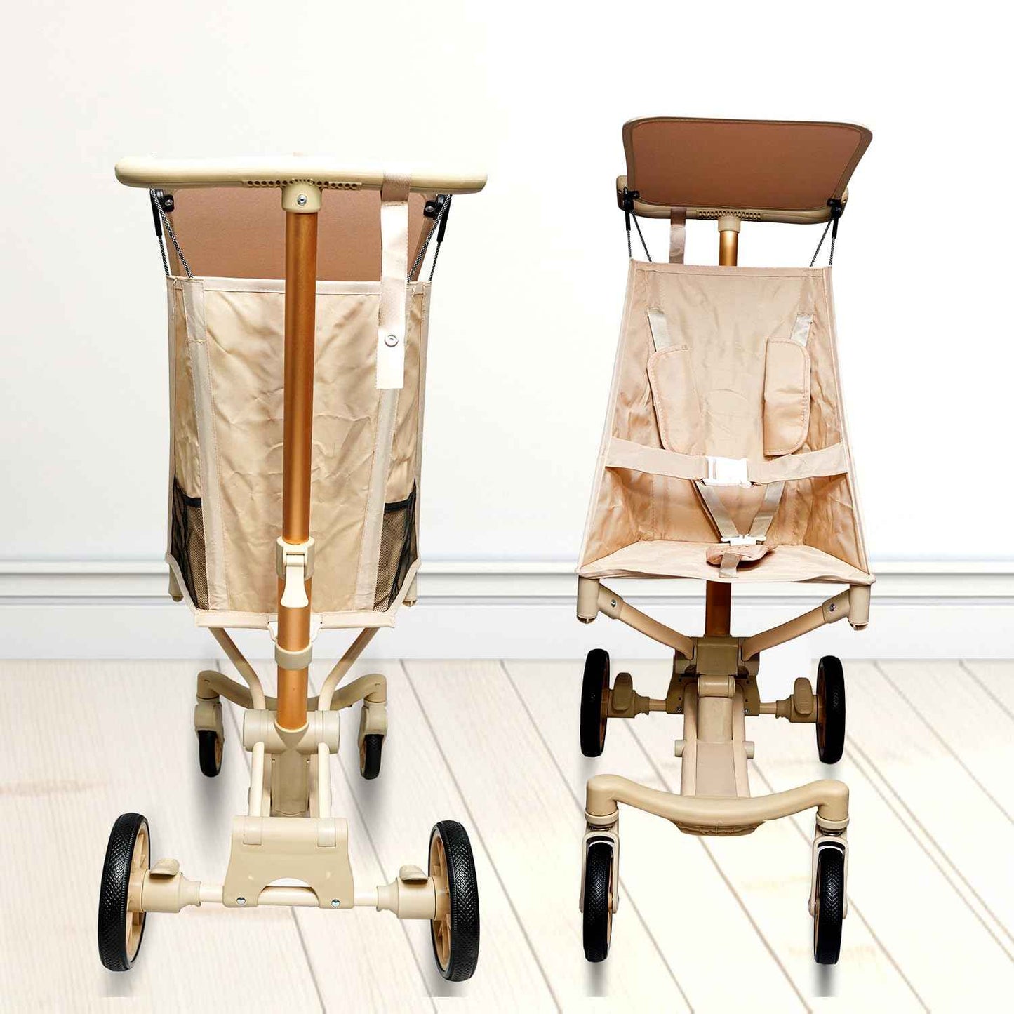 Baby Stroller for 2-7 Years |Safety Harness|Lightweight Travel Stroller with Wide Seat, Big Wheels, Compact Fold, High Weight Capacity, Adjustable Sunshade|Beige & Gold