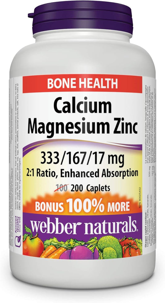 Webber Naturals Calcium with Magnesium and Zinc, 200 Caplets, Enhanced Absorption, Helps Support Bones and Teeth, Vegan