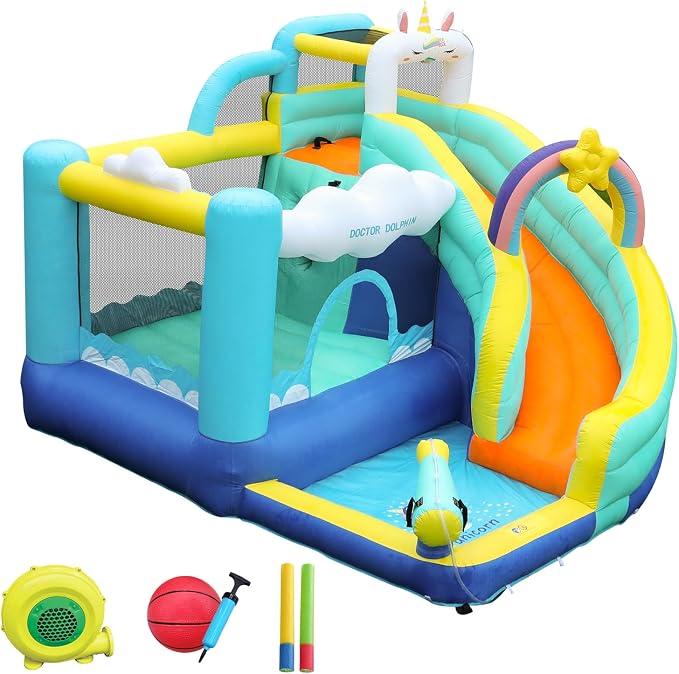 Doctor Dolphin Inflatable Bounce House, Unicorn Bounce House with Slide, Inflatable Bouncy House with Ball Pits, Jump Bouncer for Kids Age 4-8.