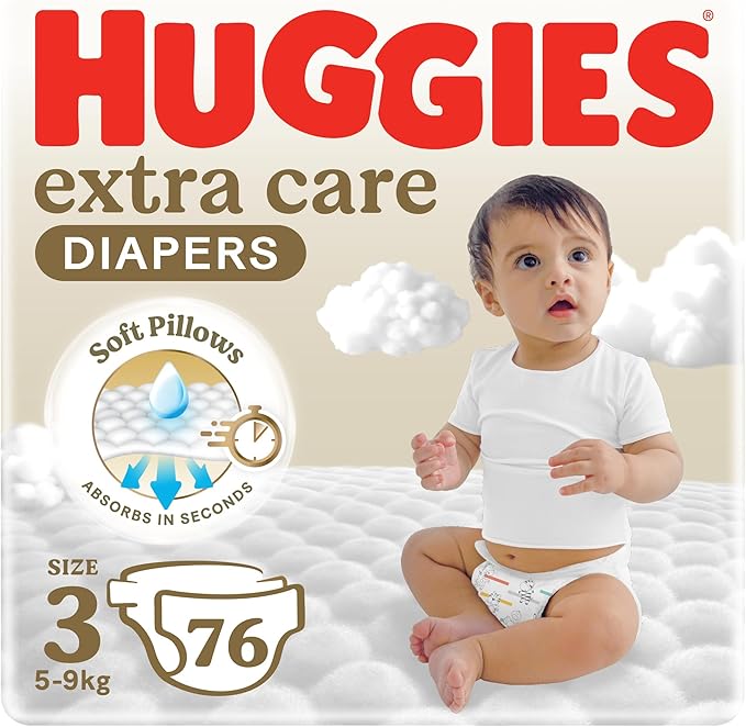 Huggies Extra Care Baby Diapers, Size 3 (5-9 kg), Jumbo Pack, 76 Diapers