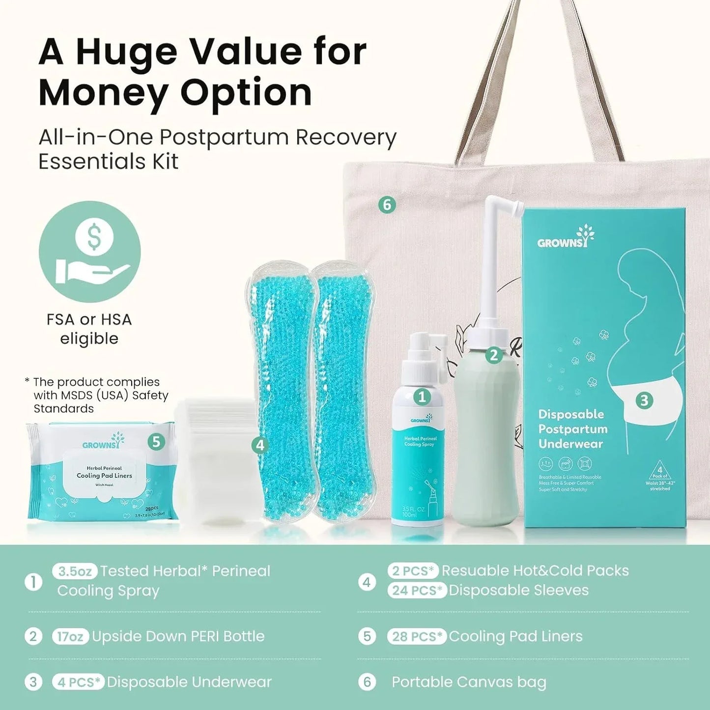 Grownsy Postpartum Essentials Recovery Kit for Labor & Delivery | Postpartum Kit for Women | Includes Upside Down Peri Bottle, Perineal Spray, 28 Cooling Pad Liners,2 Ice Packs &4 Disposable Underwear - Adenzo Comfies