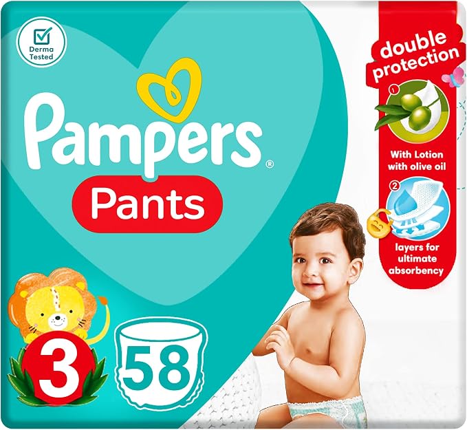 Pampers Pants with Lotion with Olive Oil, Size 3, 58 Baby Diapers. - Adenzo Comfies