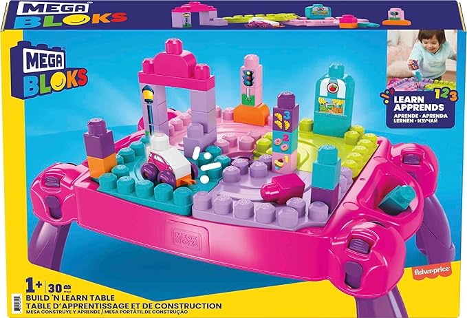 MEGA BLOKS First Builders Toddler Blocks Toy, Build 'n Learn Portable Activity Table with 30 Pieces and Built-In Storage, Kids Ages 1+ Years
