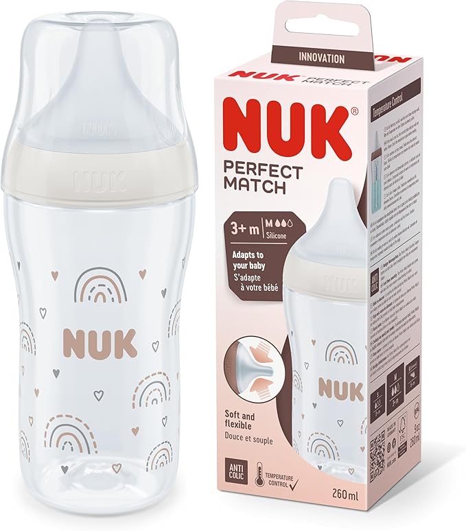 NUK Perfect Match Baby Bottle | 0+ Months | Adapts to Baby's Palate | Temperature Control | Anti Colic Vent | BPA - Free | Small Silicone Teat | Rainbow - Adenzo Comfies