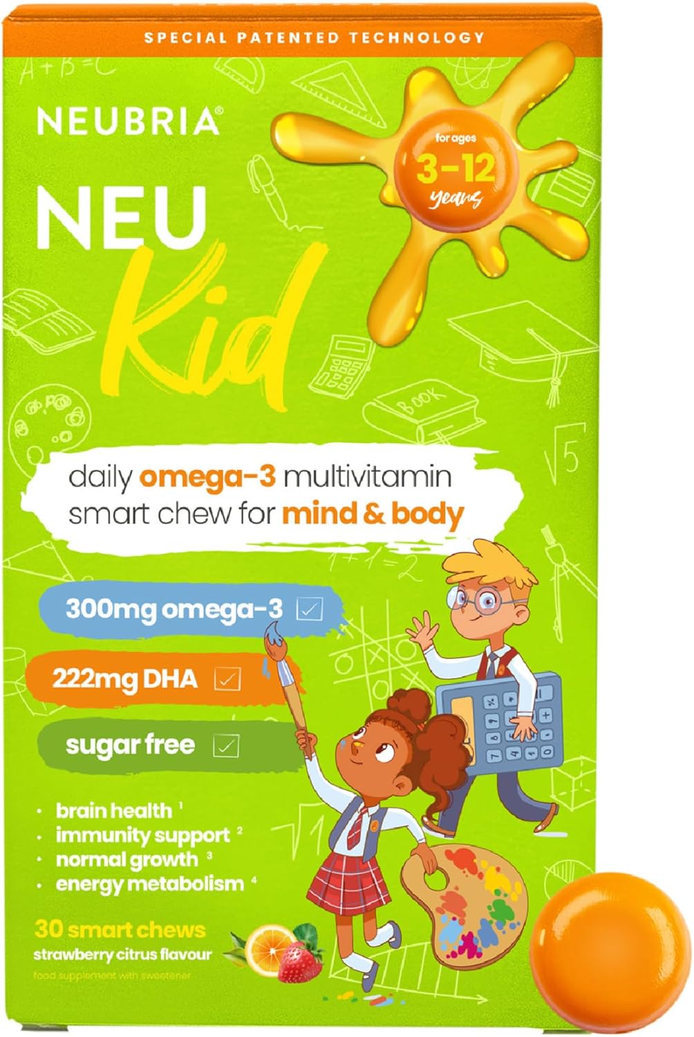 NEUBRIA NEU Kid Multivitamin & Omega-3 - Children Vitamins A, C, D, E, B Complex & Fish Oil for Kids - Sugar-Free Natural Soft Chews for Daily Wellness - UK Made, 30 Chewables