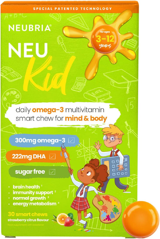 NEUBRIA NEU Kid Multivitamin & Omega-3 - Children Vitamins A, C, D, E, B Complex & Fish Oil for Kids - Sugar-Free Natural Soft Chews for Daily Wellness - UK Made, 30 Chewables