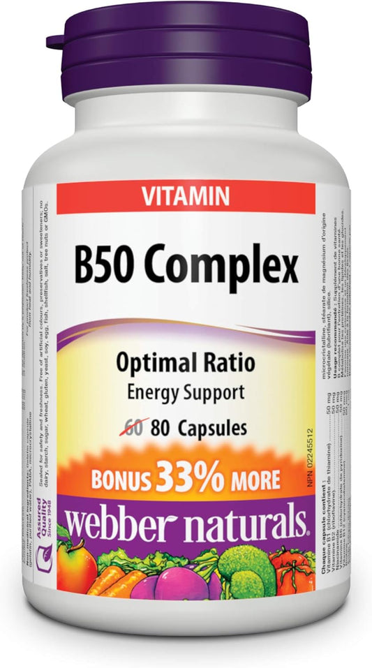 Webber Naturals Vitamin B50 Complex, 80 Capsules, Supports Energy Production and Metabolism