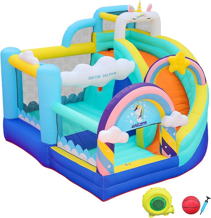Doctor Dolphin Inflatable Bounce House, Unicorn Bounce House with Slide, Inflatable Bouncy House with Ball Pits, Jump Bouncer for Kids Age 4-8.