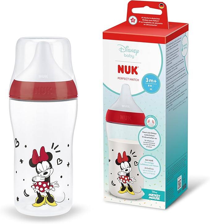 NUK Perfect Match Baby Bottle, 3+ Months, Fits Baby Palate, Temperature Control, Anti - Colic Vent, 260 ml, BPA Free, Silicone M Teat, Disney Winnie the Pooh - Adenzo Comfies