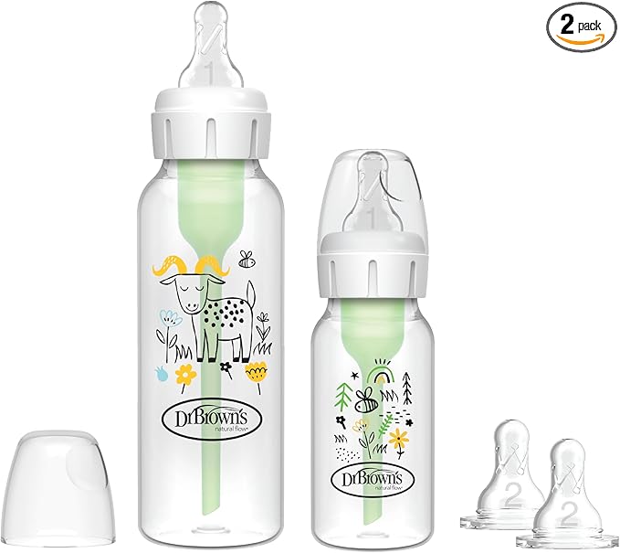 Dr Brown's Natural Flow Anti - Colic Options+ Narrow Baby Bottle, Sampler Kit, 1x 4oz/120ml Bottle & 1x 8oz/250ml Bottles with Level 1 Slow Flow Teat, Kit Also Includes 2X Level 2 Medium Flow Teats - Adenzo Comfies