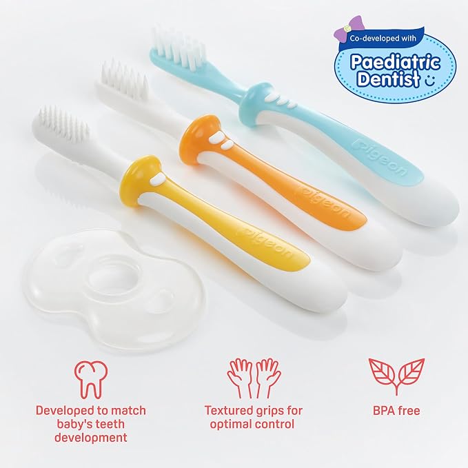 Pigeon 3-Step Training Toothbrush Set for Each Stage of Your Baby's Oral Development, 3-Pack.