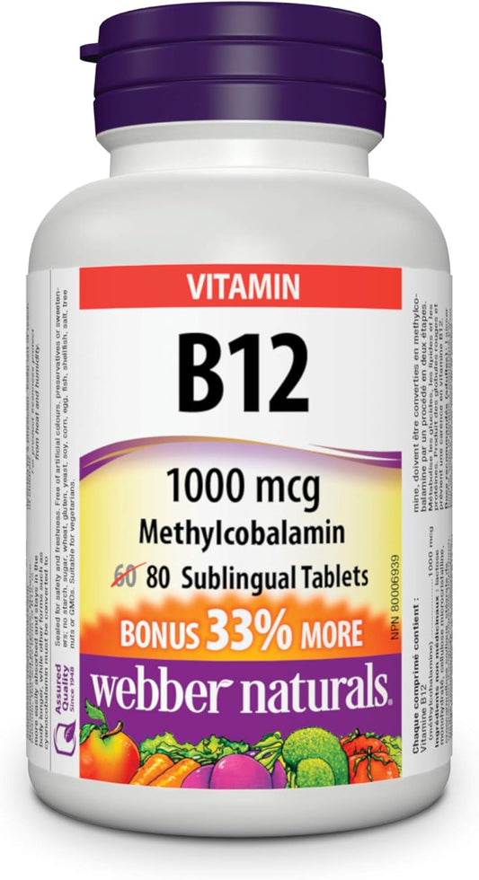 Webber Naturals Vitamin B12 1000 mcg, Quick Dissolve, 80 Tablets, Supports Energy Production and Metabolism
