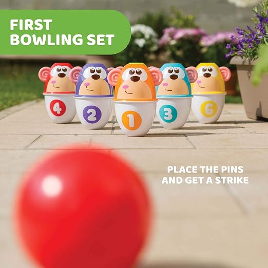 Chicco Monkey Strike Kids Bowling Pin Set - Skittles Game for Kids with 6 Separable Pins, Stackable in 12 Pieces, Light Ball Included - Bowling Skittles Toys, Gifts for Children 18 Months to 8 Years