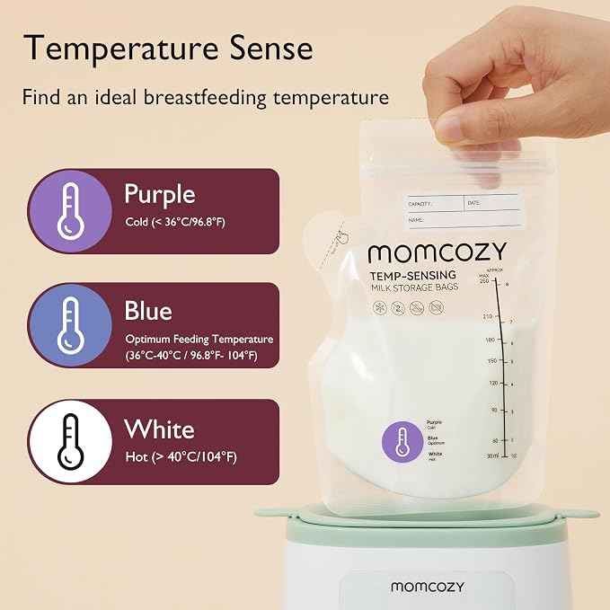 Momcozy 8oz Breastmilk Storage Bags,Temp-Sensing & Pour Spout,8 Count | Temp-Sensing Color Change, Milk Bags with Pour Spout, Self Standing,No Leak Presterilized