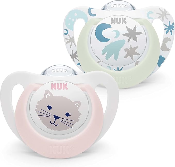 NUK Star Baby Dummy | 0 - 6 Months | Day & Night Soothers | BPA - Free Silicone | Pink Cat | 2 Count - Adenzo Comfies
