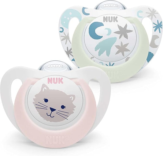 NUK Star Baby Dummy | 0 - 6 Months | Day & Night Soothers | BPA - Free Silicone | Pink Cat | 2 Count - Adenzo Comfies