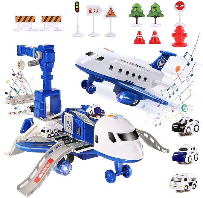 LICHENGTAI Transport Cargo Airplane Car Toy, Carrier Truck Set for Ages 3 and Up, Kids DIY Preschool Gift, Includes 4 Cars, 1 Airplane - Adenzo Comfies