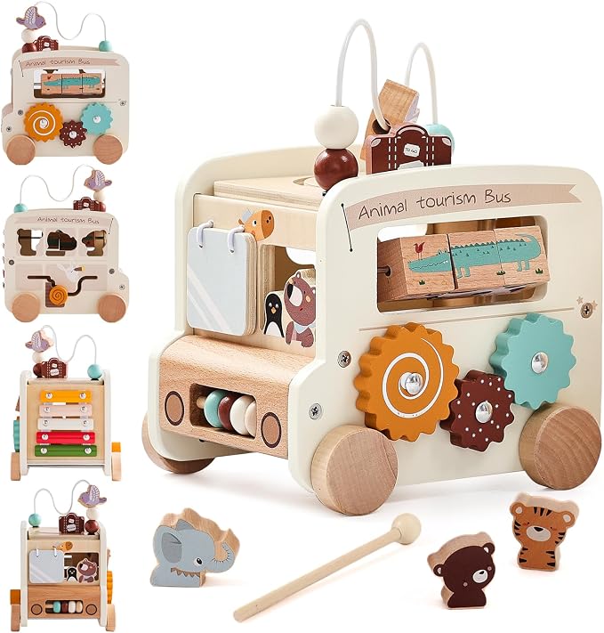 Wooden Activity Cube - 8 in 1 Activity Cube with Animal Tourism Bus Theme | Montessori Toys for 1 Year Old Boys Girls, Multipurpose Educational Toys for Toddlers and Kids . - Adenzo Comfies