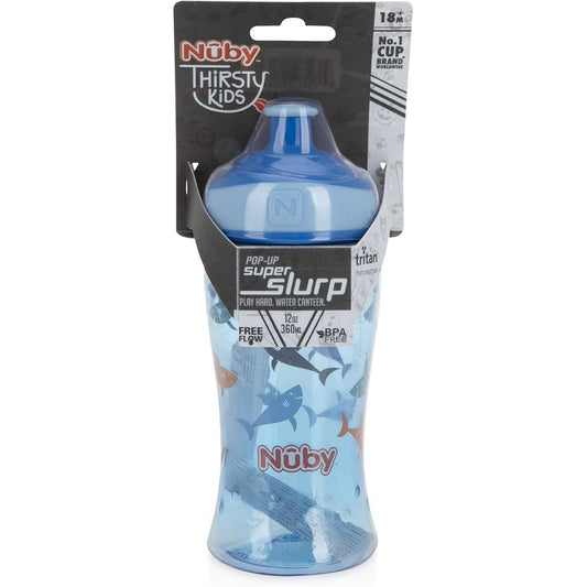 Nuby Printed Kids Pop Up Sipper Water Bottle, Colors May Vary, 1 Pack of 1 Bottle, 12 Oz., Multi