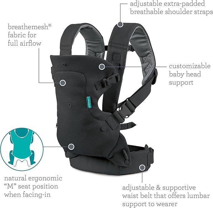 Infantino Flip 4 - in - 1 Light & Airy Convertible Baby Carrier, Adjustable, Ergonomic Babywearing, Registry Essential, Baby Carrier for Newborn to Toddler - Adenzo Comfies