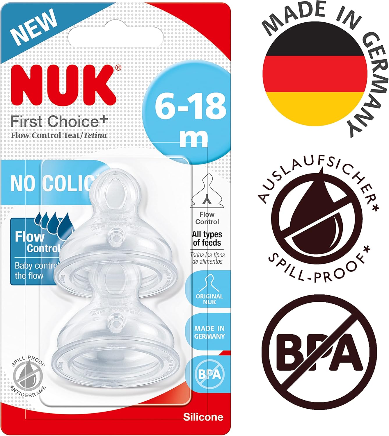 NUK First Choice+ Teats – 6–18 Months, Flow Control, Anti‑Colic, BPA‑Free, 2 Count - Adenzo Comfies