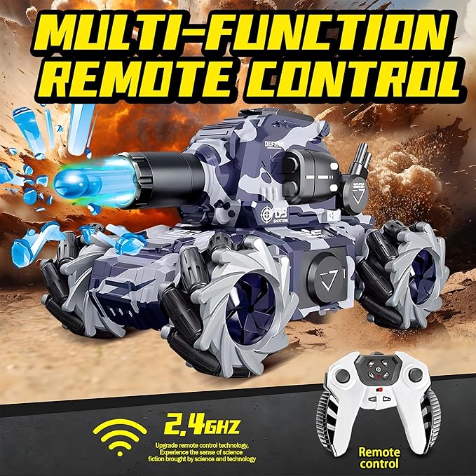 RC Tank That Shoots BBS, Water Bullet Shooting RC Stunt Car for Kids, 2.4GHz Remote Control Truck with Light Spray, 360° Rotation & Drifting, Birthday Gift for Boys, 30+ Min Playtime - Adenzo Comfies