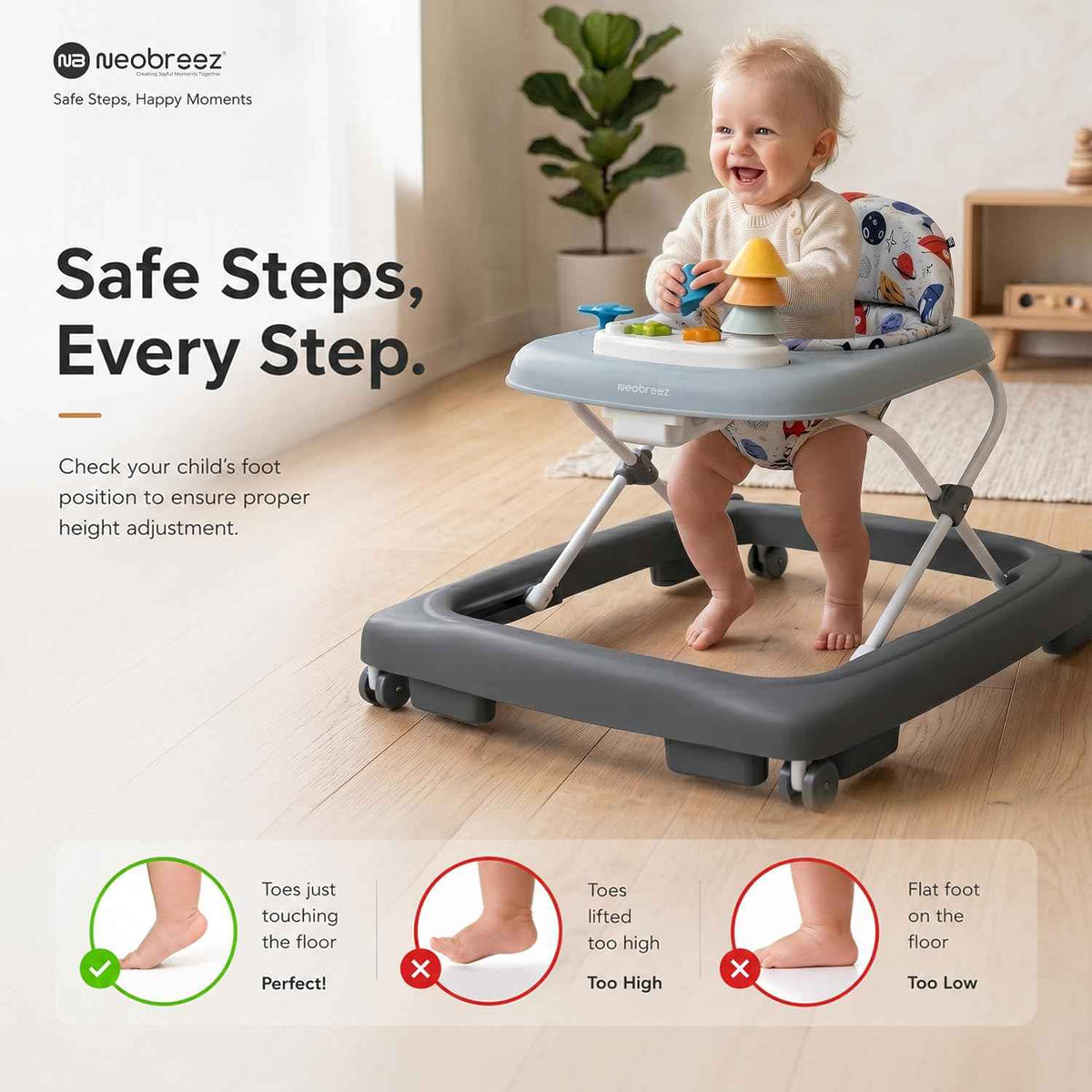 Neobreez Tredo Baby Walker Dark Grey- 8716-NBR290DG - Adenzo Comfies