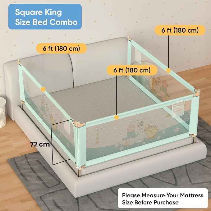 Side Bed Safety Guard for Kids | Foldable & Height Adjustable | Breathable Mesh -mint 1.5m.