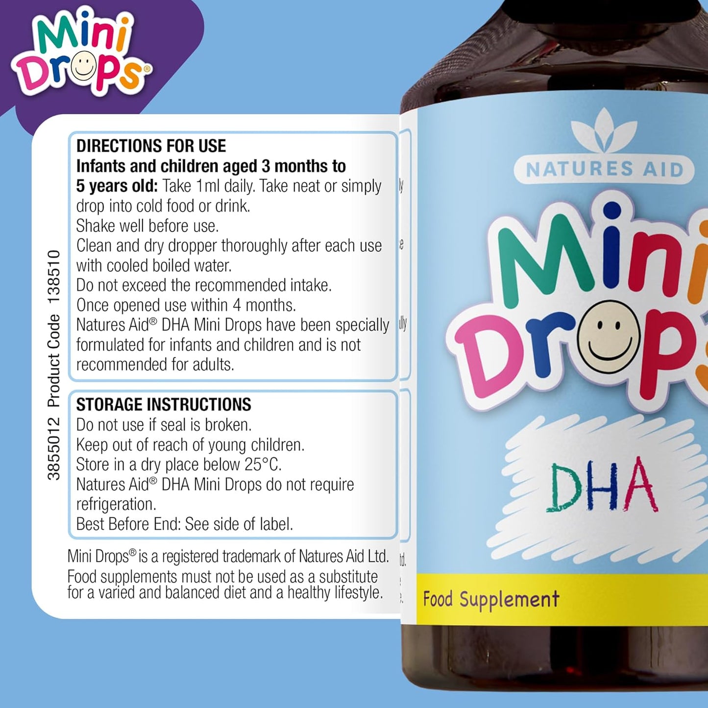 Natures Aid DHA Omega-3 Mini Drops for Babies & Kids 50ml – Supports Brain & Vision Health – Sugar Free, Vegan, Gluten-Free, Non-GMO – Growth Support for Children Age 0-5 Years Old Dropper Included