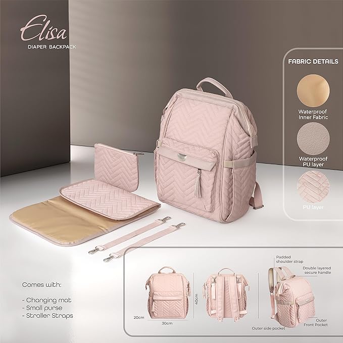 The Moon Brand Elisa Diaper Backpack, Waterproof, Multiple Pockets, Changing Mattress, Stroller Straps, Secure Key Chain. Thermal Pockets. Padded Shoulder Straps. Extra Spacious.Travel - Pink - Adenzo Comfies