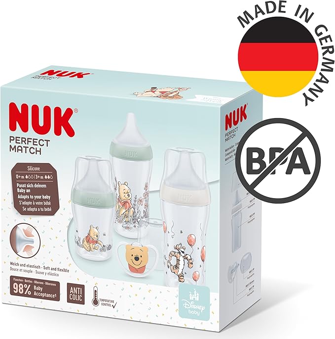 NUK Perfect Match Baby Bottles Set | 0 - 6+ Months | Adapts to Baby's Palate | 3 x Anti Colic Baby Bottles & Space Soother | BPA - Free | Disney Winnie the Pooh | 4 Count - Adenzo Comfies