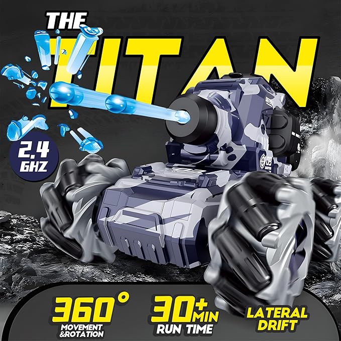 RC Tank That Shoots BBS, Water Bullet Shooting RC Stunt Car for Kids, 2.4GHz Remote Control Truck with Light Spray, 360° Rotation & Drifting, Birthday Gift for Boys, 30+ Min Playtime - Adenzo Comfies
