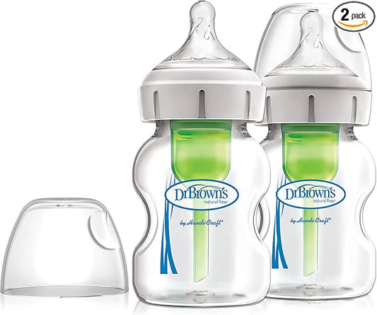 Dr. Brown's Natural Flow Anti - Colic Options+ Wide - Neck Baby Bottle, 5oz/150ml, with Level 1 Slow Flow Teat, 2 - Pack - Adenzo Comfies
