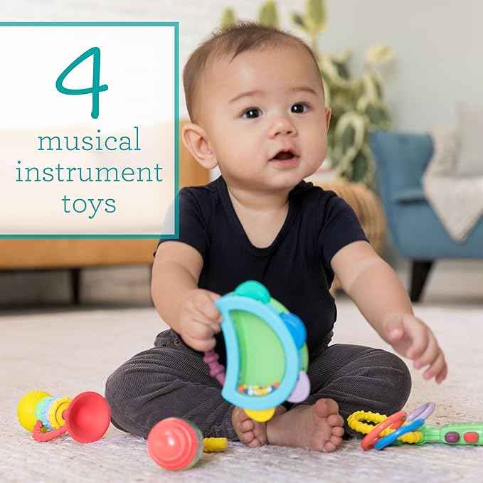INFANTINO Baby's 1st Teethe and Play Music Set - Baby Essentials 4 Piece Gift Set, Instrument Themed teethers and rattles for Sensory Stimulation and Motor Development, BPA Free
