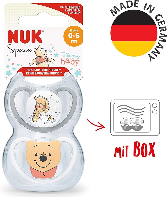 NUK Space Baby Dummy | 0 - 6 Months | Soothers with Extra Ventilation for Sensitive Skin| BPA - Free Silicone | Disney Winnie the Pooh | 2 Count - Adenzo Comfies