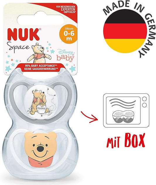 NUK Space Baby Dummy | 0 - 6 Months | Soothers with Extra Ventilation for Sensitive Skin| BPA - Free Silicone | Disney Winnie the Pooh | 2 Count - Adenzo Comfies